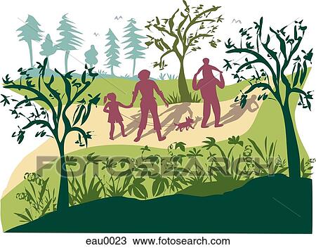 A family leisurely walking in the park View Large Illustration Drawing - A family leisurely walking in the park. Fotosearch
