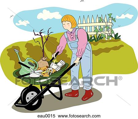 Stock Illustration - A gardener with a wheelbarrow. Fotosearch