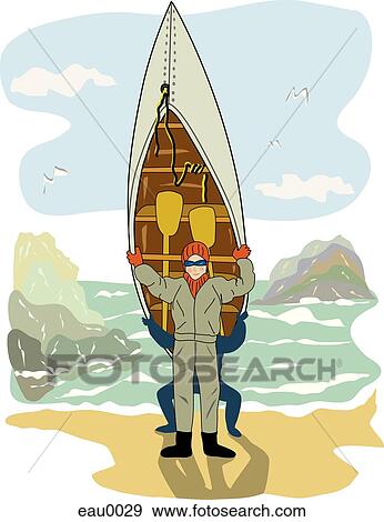 Stock Illustration - A ma portaging by the seashore. Fotosearch
