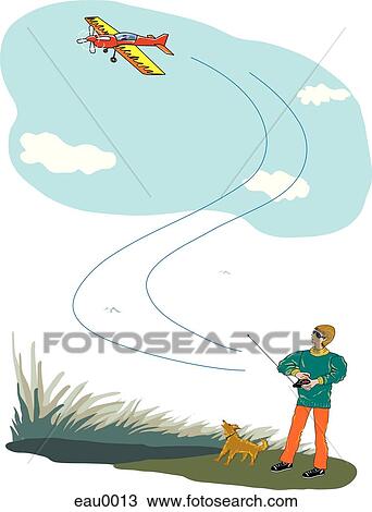 A Man and his pet trying to fly a toy airplane View Large Illustration Drawing - A Man and his pet trying to fly a toy airplane. Fotosearch