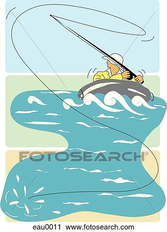 Clip Art - A man fishing in a belly boat. Fotosearch
