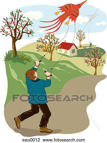 A picture of a man flying a kite in his garden View Large Illustration Drawing - A picture of a man flying a kite in his garden. Fotosearch