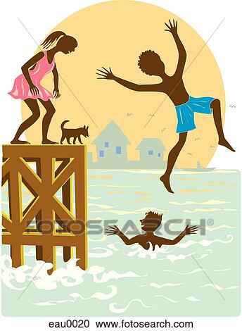 Clipart - A picture of children swimming in the lake. Fotosearch