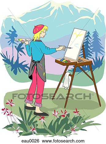 Stock Illustration - A woman painting a nature scene of amongst mountains and valleys. Fotosearch