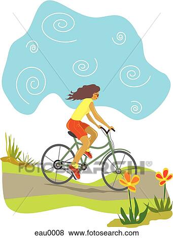 Stock Illustration - A woman riding her bike downhill. Fotosearch