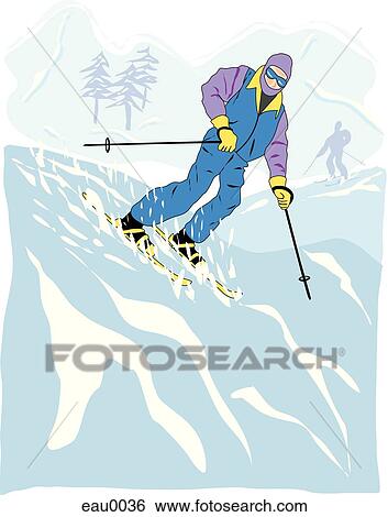 An illustration of a man skiing on snow covered mountains Stock