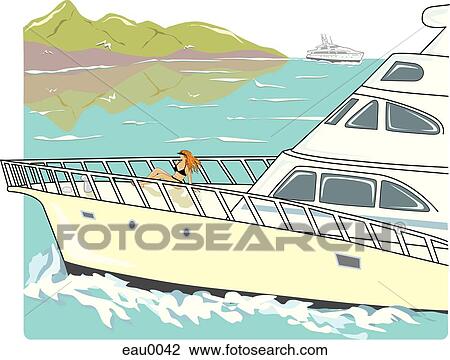 Drawing - An illustration of a woman relaxing on a yatch. Fotosearch