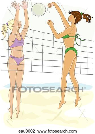 An illustration of two women playing beach volleyball View Large Illustration Drawing - An illustration of two women playing beach volleyball. Fotosearch
