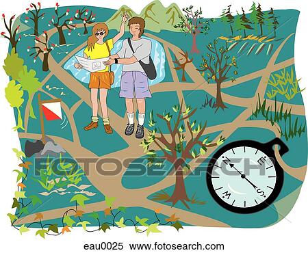 Stock Illustration - Two friends reading a map to search for directions. Fotosearch