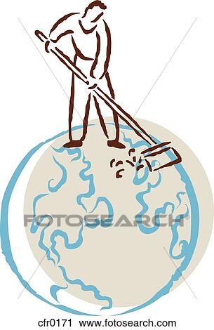 Clip Art - A man sweeping the earth. Fotosearch