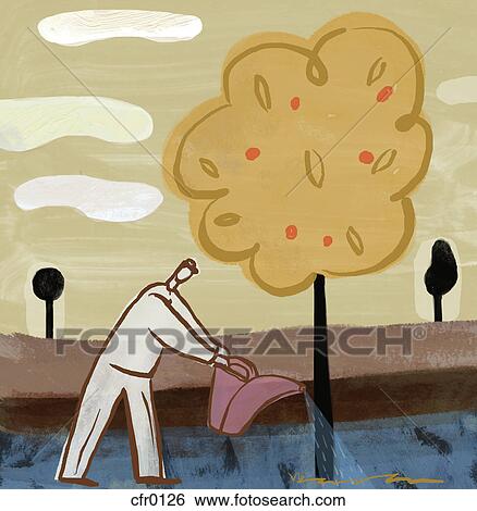 Stock Illustration - A drawing of a man watering a fruit tree. Fotosearch