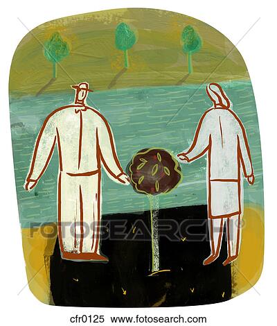 Stock Illustration - A picture of a couple admiring a small tree. Fotosearch