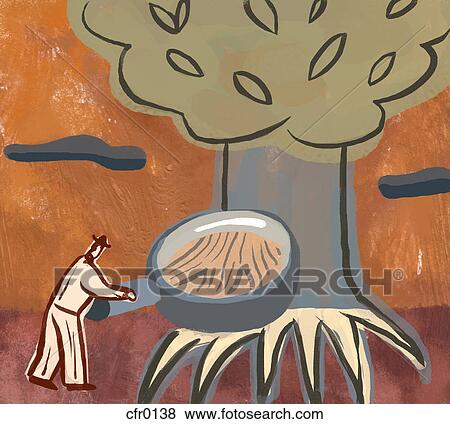 Stock Illustration - An illustration of a man studying the roots of a tree. Fotosearch