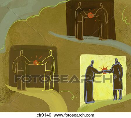 Clipart - An illustration of people on tree branches shaking hands. Fotosearch
