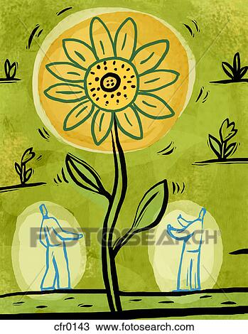 An illustration of two people admiring a large sunflower View Large Illustration Drawing - An illustration of two people admiring a large sunflower. Fotosearch