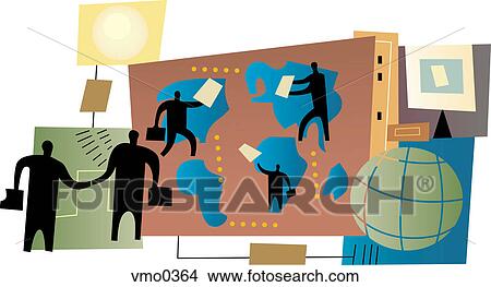 Stock Illustration - People doing deals around the globe, montage. Fotosearch
