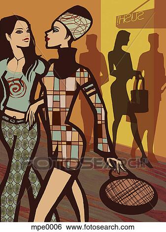 Stock Illustration - A picture of two women walking on a street. Fotosearch
