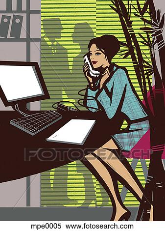 A woman talking on the phone while working in the office View Large Illustration Stock Illustration - A woman talking on the phone while working in the office. Fotosearch