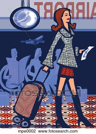 Drawing - A woman with her luggage at the airport. Fotosearch