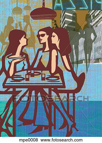 Stock Illustration - Three women having lunch in a restaurant. Fotosearch