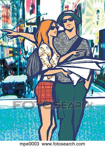 Drawing - Two tourists exploring a city with a map. Fotosearch
