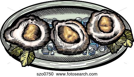 Clipart - A plate of oysters on the half shell. Fotosearch