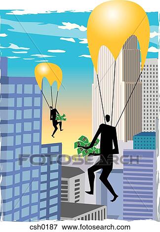 A businessmen parachuting with money in their hands View Large Illustration Stock Illustration - A businessmen parachuting with money in their hands. Fotosearch