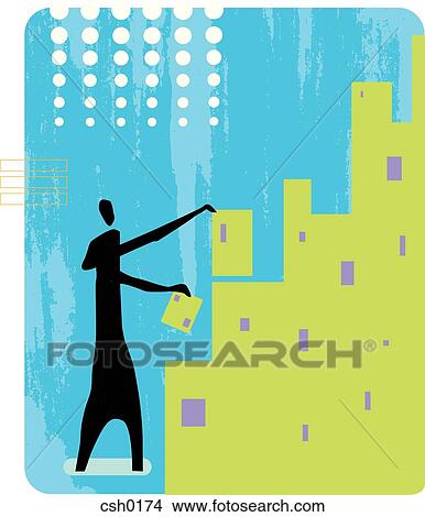Stock Illustration - A man expanding the company by adding blocks. Fotosearch