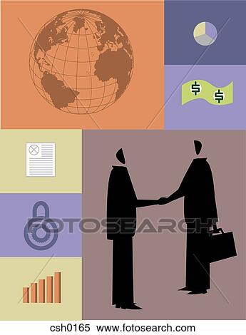 Stock Illustration - Businessmen agreeing on a global merger based on statistics. Fotosearch