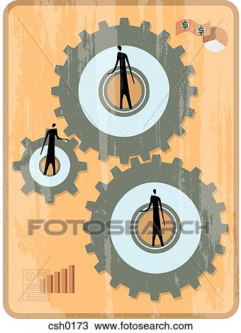 Three men turning the gears to generate income View Large Illustration Drawing - Three men turning the gears to generate income. Fotosearch