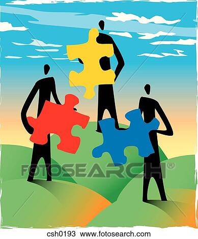 Drawing - Three people holding puzzle pieces. Fotosearch