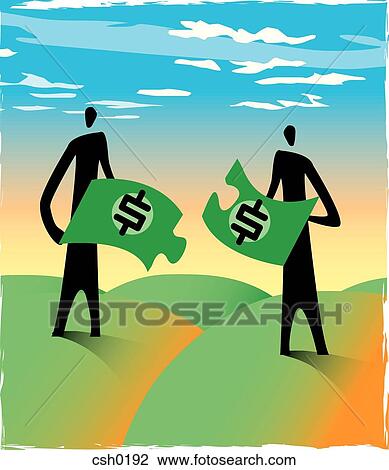 Two men holding a money puzzle View Large Illustration Drawing - Two men holding a money puzzle. Fotosearch