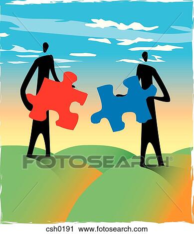 Two men holding puzzle pieces that can be fitted together View Large Illustration Clip Art - Two men holding puzzle pieces that can be fitted together. Fotosearch