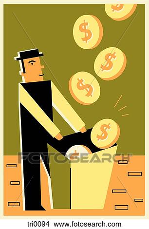 A man catching money in a bucket View Large Illustration Stock Illustration - A man catching money in a bucket. Fotosearch