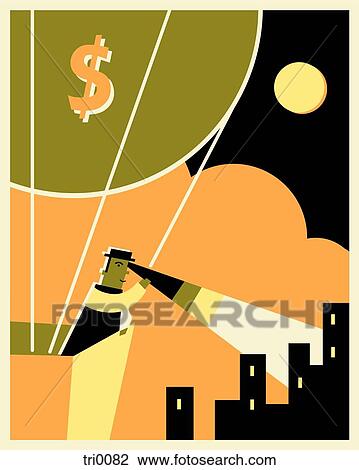 Drawing - A man in money balloon looking down with a telescope. Fotosearch