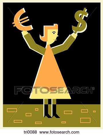 Stock Illustration - A woman holding euro and dollar signs in her hands. Fotosearch