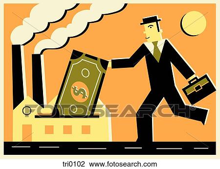 Man depositing money into a factory, investing View Large Illustration Drawing - Man depositing money into a factory, investing. Fotosearch