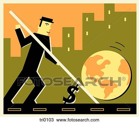 Drawing - Man proping up the world with a dollar sign, global economy. Fotosearch