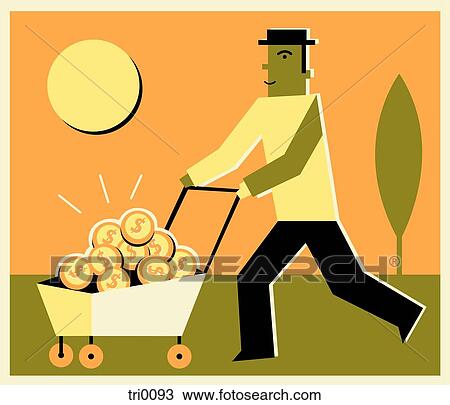 Man pushing a cart full of money View Large Illustration Drawing - Man pushing a cart full of money. Fotosearch