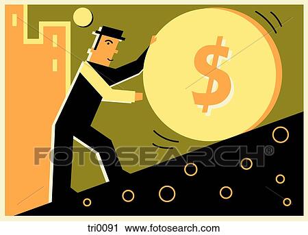 Man rolling a giant coin up a hill View Large Illustration Clip Art - Man rolling a giant coin up a hill. Fotosearch