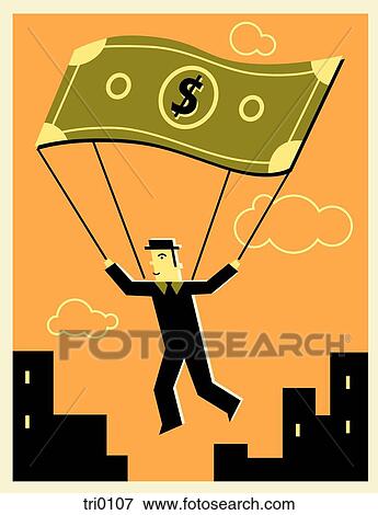 Stock Illustration - Man using a money parachute. Fotosearch