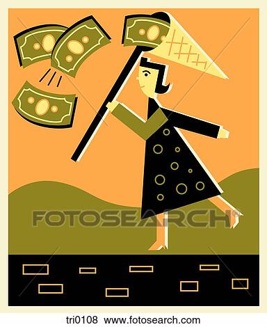 Stock Illustration - Woman catching money with a net. Fotosearch