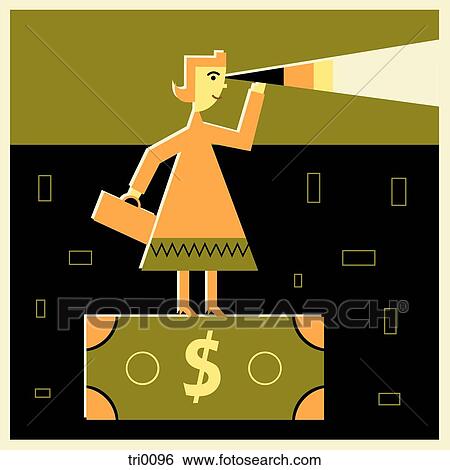 Stock Illustration - Woman on a dollar bill looking through a telescope. Fotosearch