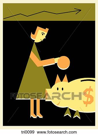 Stock Illustration - Woman putting money into a piggy bank. Fotosearch