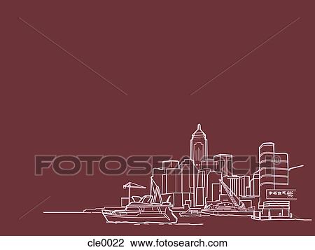 An illustration of buildings at the waterfront View Large Illustration Drawing - An illustration of buildings at the waterfront. Fotosearch