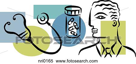 Stock Illustration - An illustration showing a physician, prescription drugs and a stethoscope. Fotosearch