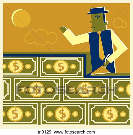 Stock Illustration - A man building a brick wall with money. Fotosearch