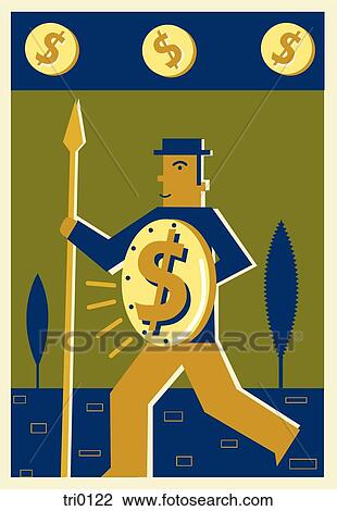 Drawing - A man carrying a money shield. Fotosearch