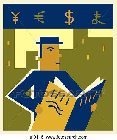 Stock Illustration - A man reading the stock market section of a newspaper. Fotosearch