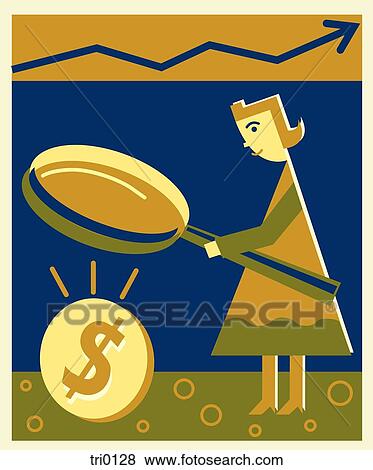 A woman looking at money through a magnifying glass View Large Illustration Stock Illustration - A woman looking at money through a magnifying glass. Fotosearch